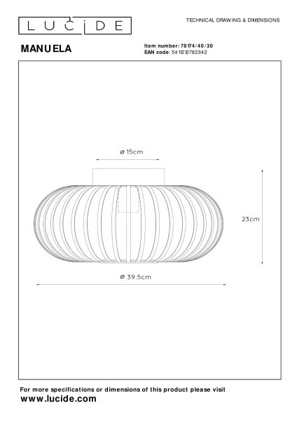 Lucide MANUELA - Deckenleuchte - Ø 39,5 cm - 1xE27 - Schwarz - TECHNISCH